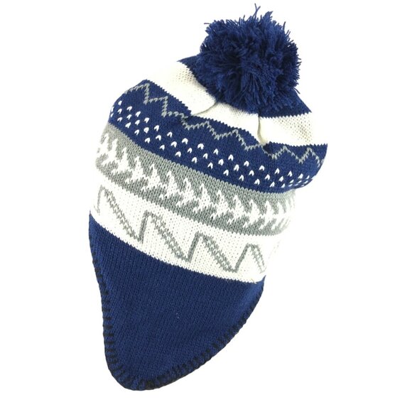 Polar Wear Kids Beanie Hat Ear Flaps Fleece Lined Striped Knit Pom Blue White OS - Picture 3 of 6